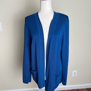Anne Klein Blue Open Front Cardigan Sweater XL Lightweight Knit Pockets